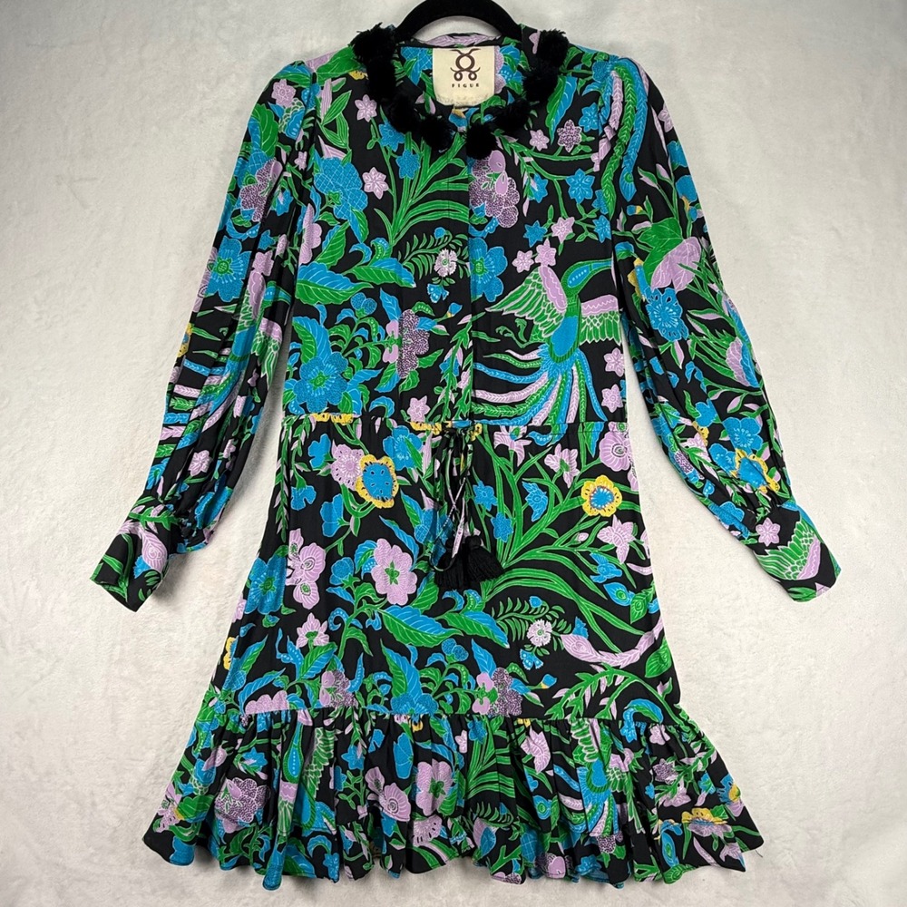 Figue Floral Print Mini Dress Long Sleeve Tassel Detail‎ XS